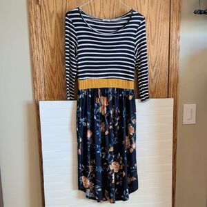 Women's Striped Floral Midi Dress, Sz L
